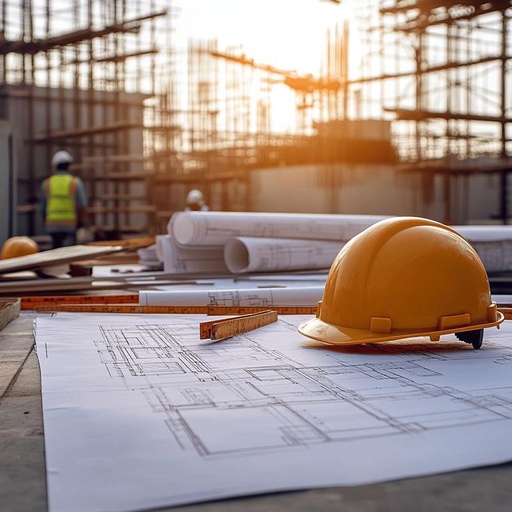 Blueprints and hard hat on a Glossy construction site